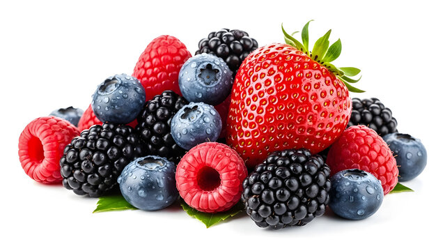 Fresh mixed berries including strawberries raspberries blueberries and blackberries on a white background for healthy eating