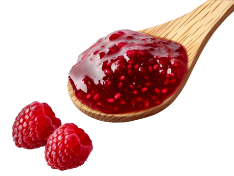 Spoon wooden of raspberry jam isolated on transparent background