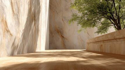 Serene Natural Landscape with Waterfall Cascading Down Rocky Cliff Surrounded by Verdant Tree and Wooden Deck in Tranquil Environment