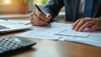 Business pro in suit carefully writes on multiple paper documents. Uses calculator, laptop for financial analysis. Man processes tax forms, manages budget, handles important paperwork at office desk,