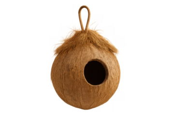 Handcrafted birdhouse made from a natural coconut shell, providing a safe nesting place or feeder for garden birds