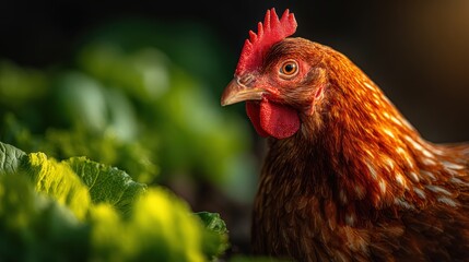 Happy hen with fresh vegetables  farm life closeup