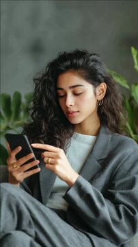 A videograph of a young female in business clothing engaged with her smartphone. She represents the blending of professional and personal life through technological communication.