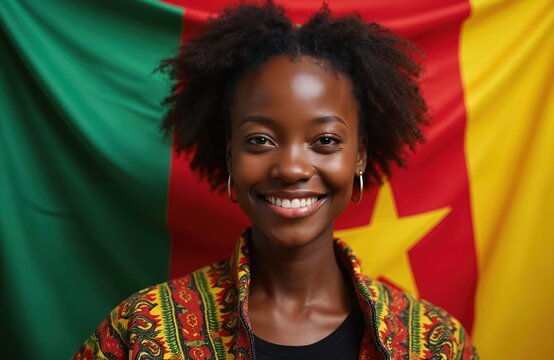Young African woman smiles happily wearing colorful traditional clothing against Cameroon flag. Shows pride, beauty with warm expression. Portrait highlights cultural heritage, modern style. Diverse