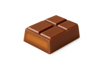 Chocolate praline showcases a square shape with a glossy brown exterior, revealing a glimpse of its soft caramel filling