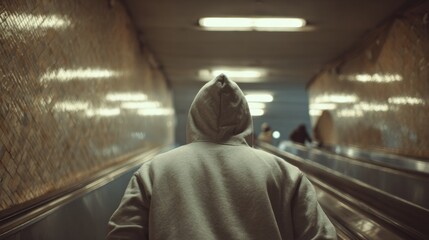 Person in hoodie on underground escalator urban metro station anonymous commuter perspective
