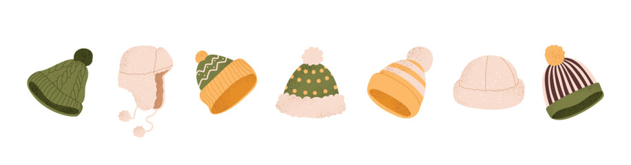 Fototapeta na wymiar Winter hat collection in cute cozy style. Warm knitted caps, fur hat and soft beanies for cold season. Flat vector illustration isolated on white background.