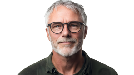 senior man with grey hair and glasses isolated on white