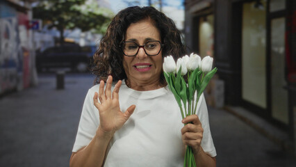 Middle aged hispanic woman holding white tulip bouquet recoils in disgust on urban street outdoors; disgust rejection unease aversion.