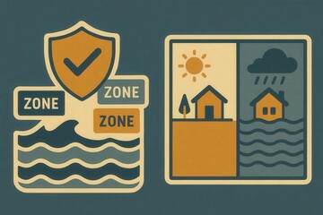 Flood risk assessment zone illustrations depicting climate impact on properties through contrasting images of safe and flood prone environments showcasing resilience