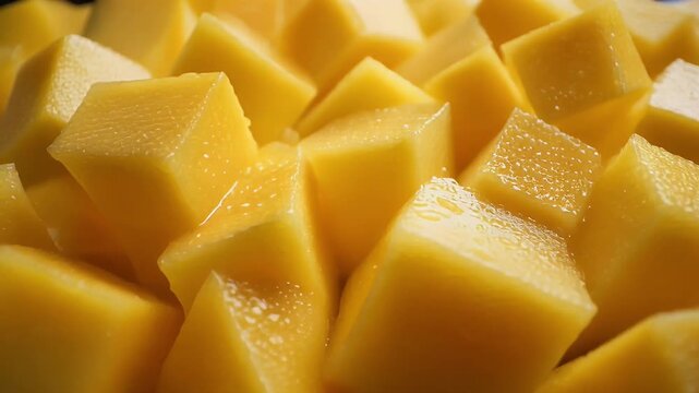Vibrant close-up of freshly diced ripe mango cubes, glistening with natural juices. Perfect for healthy food, summer recipes, and tropical fruit themes.