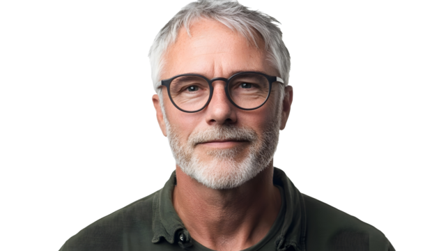 senior man with grey hair and glasses isolated on white