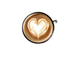 Top view latte art coffee with heart shape isolated on transparent background