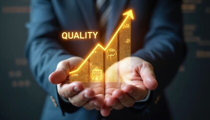 Business person holds quality growth chart. The illustration shows increase with the arrow. Concept relates to management success strategy financial improvement or business goal.