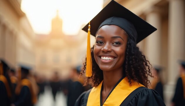 Smiling black woman wears graduation cap and gown, holding diploma scroll. She celebrates academic achievement with fellow students outdoors near university building. Future success awaits.