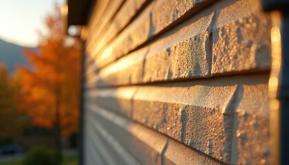 Exterior home siding with subtle texture and warm sunlight. Autumn trees with orange leaves in soft focus background. Dusk or dawn light casts long shadows on the house.
