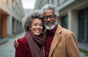 Smiling African American senior couple embraces outdoors. They wear smart casual attire, appearing happy, relaxed, and in love. This portrays a strong relationship and lifestyle.