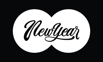 Elegant black and white New Year hand-lettering design with flowing script inside overlapping white circles on black background, festive typography illustration ideal for holiday greetings and seasona