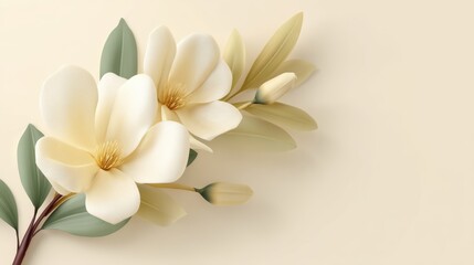 Elegant Cream Magnolia Flowers with Green Leaves on Soft Beige Background for Serenity and Natural Beauty in Floral Designs and Decorations