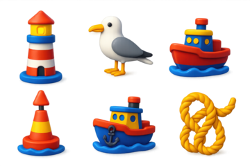 Harbor Icon Collection. 3D icon set of harbor scenes: lighthouse, anchored ferry, seagull, tugboat, buoy marker, ship ropes. A set