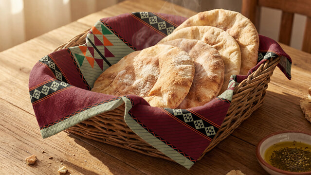 Woven wicker basket lined with traditional red Sadu fabric filled with fresh Arabic bread on wooden table