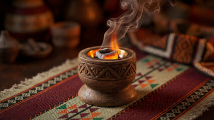 Traditional wooden incense burner (Mabkhara) with burning charcoal and rising smoke on Sadu table runner