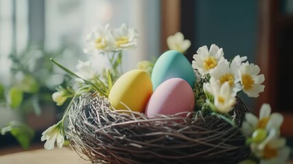 Colorful Easter eggs in a straw basket surrounded by flowers, celebrating the spring season.
