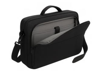 Black laptop messenger bag open, showing padded interior compartment, with handle and shoulder strap, transparent background