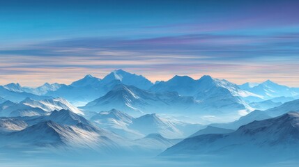 Majestic Mountain Landscape at Dawn with Soft Hues, Dramatic Peaks, and Serene Atmosphere in Vibrant Sky Displaying Unique Natural Beauty