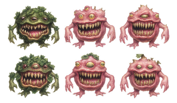 Grinning Swamp Mutants with Organic Features in a Colorful Illustration Scene
