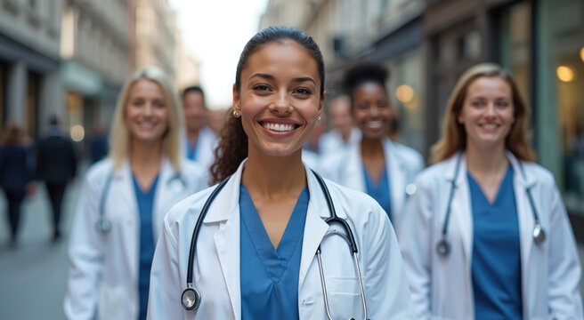 Diverse medical professionals walk together on city street. Smiling doctors nurses wear white coats stethoscopes. Healthcare team feels confident working in urban hospital clinic. - Powered by Adobe