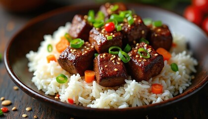 Asian style beef bites, fluffy white rice on plate. Savory meat garnished with chopped scallions, sesame seeds, carrot pieces, red chili. Delicious main course meal ready to serve for lunch dinner at