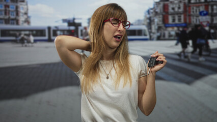 Woman wearing red glasses holding car key with hand on neck in busy city street crosswalk near tram and buildings; discomfort.