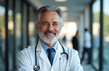 Smiling senior doctor stands confidently in bright modern hospital corridor. Male physician wears white lab coat, blue shirt, tie, stethoscope. Looks friendly, approachable, ready to provide