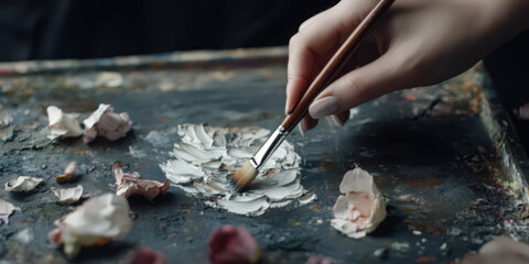 A female hand holding a brush and is mixing oil colors on a palette