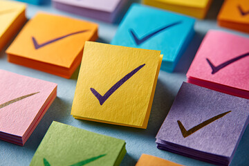 Colorful sticky notes with check marks on a blue background, representing organization, task management, and productivity.