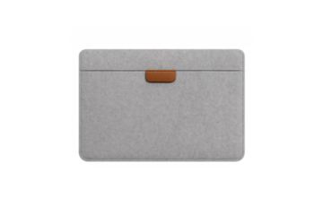 Gray felt laptop sleeve with brown leather tab protecting portable electronic device on transparent background