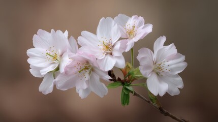Obraz premium Delicate Cherry Blossom Branch with Soft Pink Flowers on a Muted Background Capturing the Essence of Springtime Beauty and Nature's Serenity