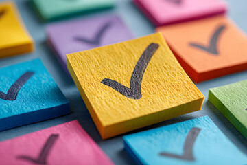 Colorful sticky notes with check marks on a blue background, representing organization, task management, and productivity.