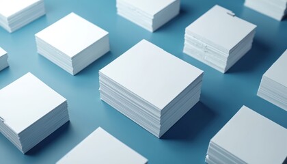 Obraz premium Several stacks of paper arranged on blue background. Clean presentation of corporate business cards memo notes. Photo shows stationary design, organization, office supplies. Useful for layout