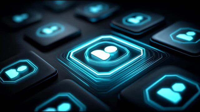 Illuminated blue square button glows vividly on dark background vibrant blue square interface element glowing with futuristic light