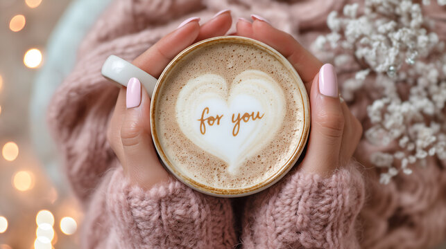 Cozy close-up of female hands holding a cup of coffee with heart-shaped latte art and the words “for you,” soft warm lighting and knitted sweater creating a romantic, comforting atmosphere