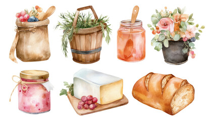 Watercolor Market Essentials Illustration of Fresh Produce and Homemade Goods