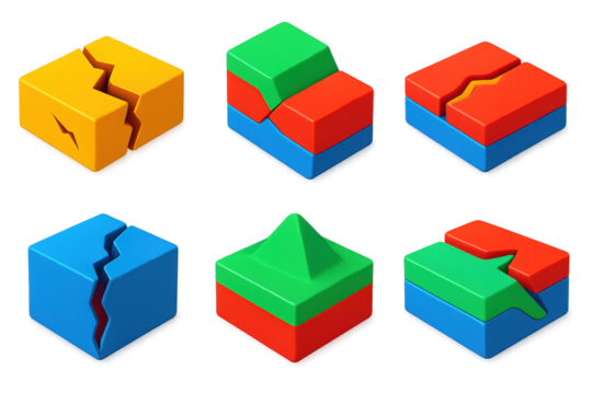 3D Geological Fault Icons. 3D icon set of fault and fracture types: normal fault crack, reverse fault zone, strike-slip boundary,