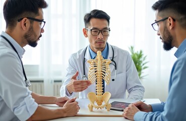 Doctor shows skeleton model to patient explaining back pain causes and treatment options. Medical consultation for spine issues in clinic office. Patient receives expert healthcare advice.