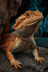 Gros plan sur un l&eacute;zard dragon barbu, Pogona vitticeps, aux couleurs vives posant sur des rochers et du bois dans un terrarium naturel avec des plantes succulentes et un &eacute;clairage spectaculaire