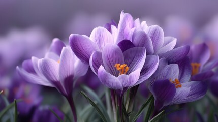 Beautiful Blooming Purple Crocuses in Springtime Garden Surrounded by Soft Light and Lush Greenery, Capturing Nature's Vibrant Colors and Details
