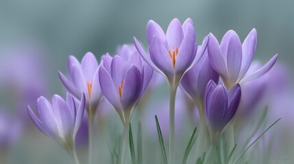 Soft Lavender Crocus Flowers Blooming in Early Spring with Green Leaves and Delicate Petals on a Blurred Background Highlighting Nature's Beauty