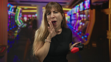Woman holding red game controller, hand at mouth shouting amid slot machines and neon lights in...