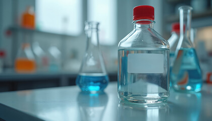 Glass bottle with clear liquid and red cap sits on lab table. Blurred flasks with blue and orange chemicals are in background. Science research in lab.